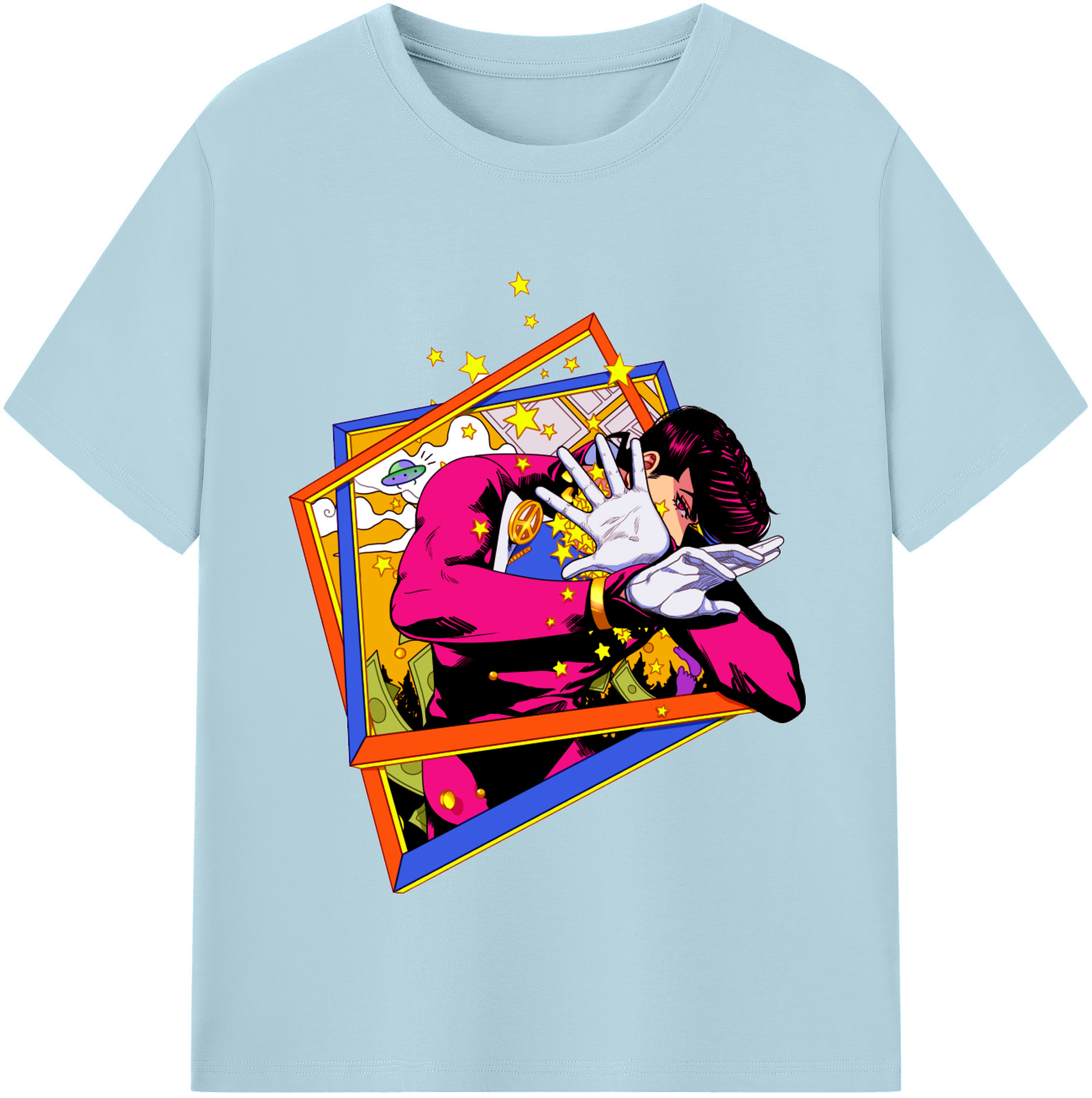 （画像用） ジョジョの奇妙な冒険 ひがしかた じょうすけ JoJo's Bizarre Adventure Higashikata Josuke 綿100％半袖Tシャツ（フロントプリント）
